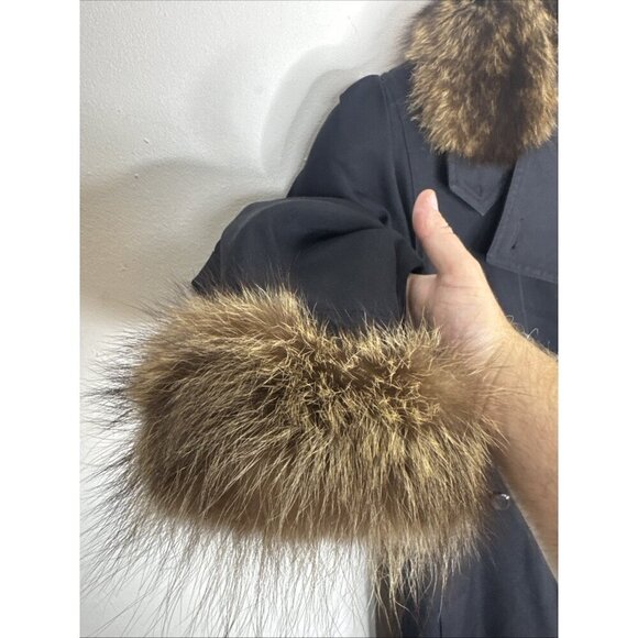 Vintage 80s Women’s L Black Wool Coat Real Fur Collar Cuffs Shoulder Pads - Picture 4 of 9